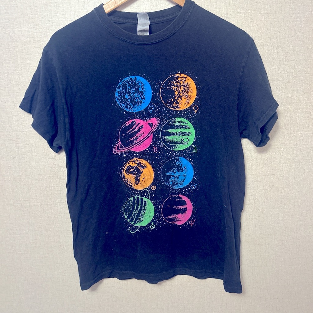 Black T-Shirt with Colorful Planet Design